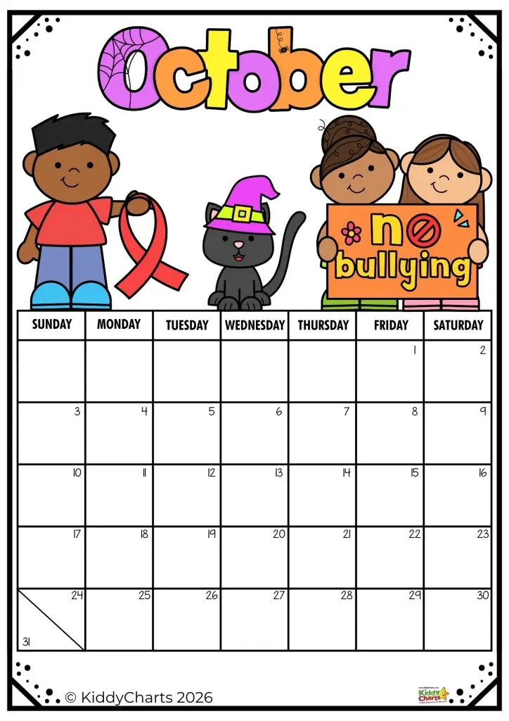 October calendar featuring cartoon figures, a cat with a witch hat, and anti-bullying theme. Includes red ribbon and colorful lettering.
