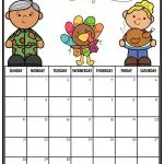 Colorful November calendar featuring cartoon characters, including a turkey. A person in camouflage, another holding a cooked turkey stands beside it.