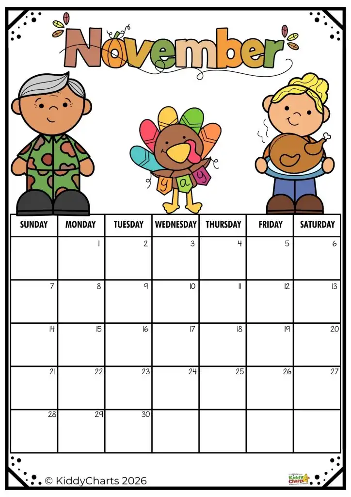 Colorful November calendar featuring cartoon characters, including a turkey. A person in camouflage, another holding a cooked turkey stands beside it.