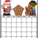 Festive December calendar with illustrated Santa, person holding gingerbread man, and gingerbread house. Colorful design with decorative "December" text.