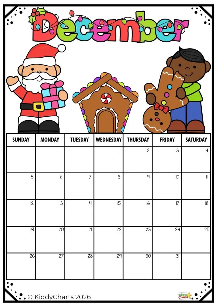 Festive December calendar with illustrated Santa, person holding gingerbread man, and gingerbread house. Colorful design with decorative "December" text.