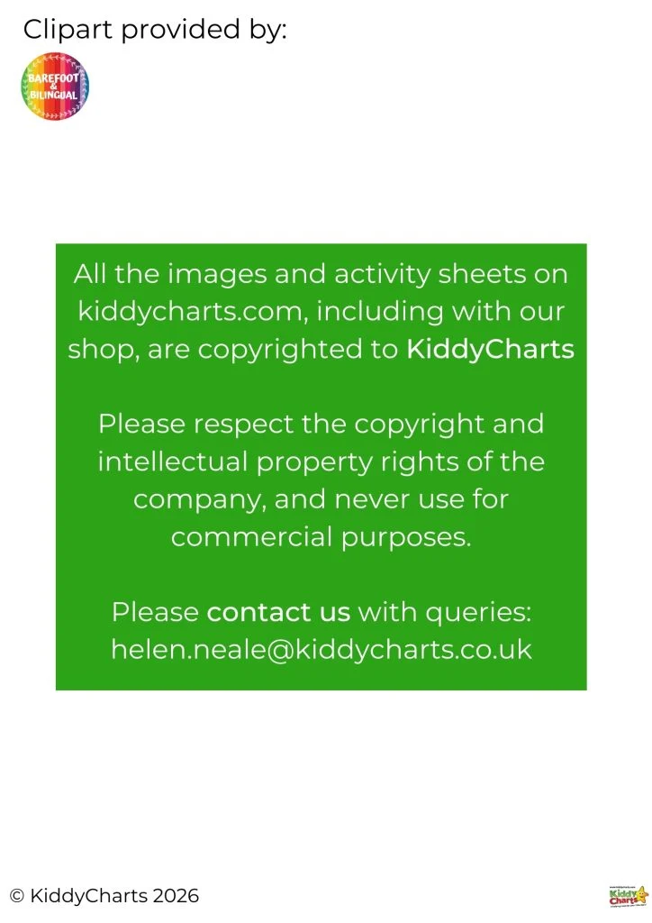 A copyright message from KiddyCharts, emphasizing intellectual property rights and non-commercial use, with a contact email for inquiries.