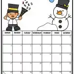 A cartoon person celebrating with confetti and a snowman beside a blank January 2026 calendar layout, decorated colorfully for New Year.