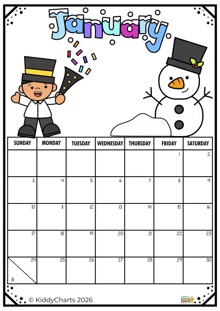 A cartoon person celebrating with confetti and a snowman beside a blank January 2026 calendar layout, decorated colorfully for New Year.