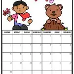 A colorful February calendar features a cartoon person with flowers and card, alongside a smiling groundhog emerging from its burrow.