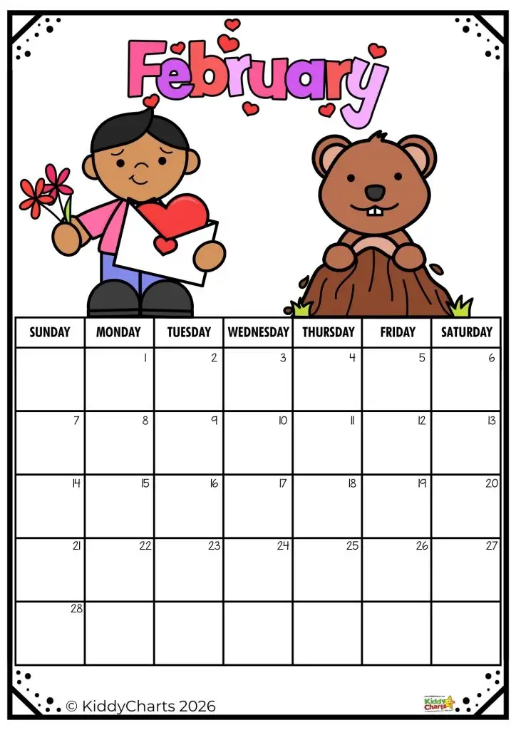 A colorful February calendar features a cartoon person with flowers and card, alongside a smiling groundhog emerging from its burrow.
