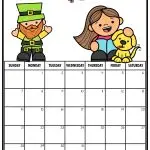 A March calendar features a leprechaun, a person with a dog, colorful decorations, and blank squares for each day of the month.