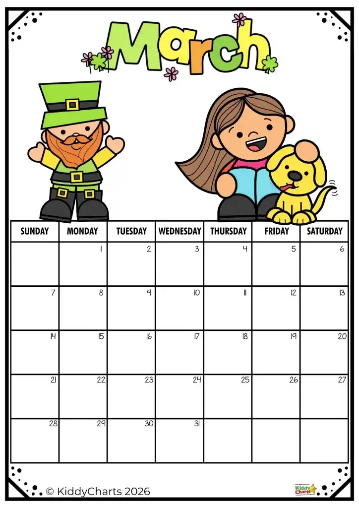 A March calendar features a leprechaun, a person with a dog, colorful decorations, and blank squares for each day of the month.