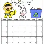 April calendar with a smiling person in a raincoat, a bunny, and a recycling bin. KiddyCharts copyright 2026.