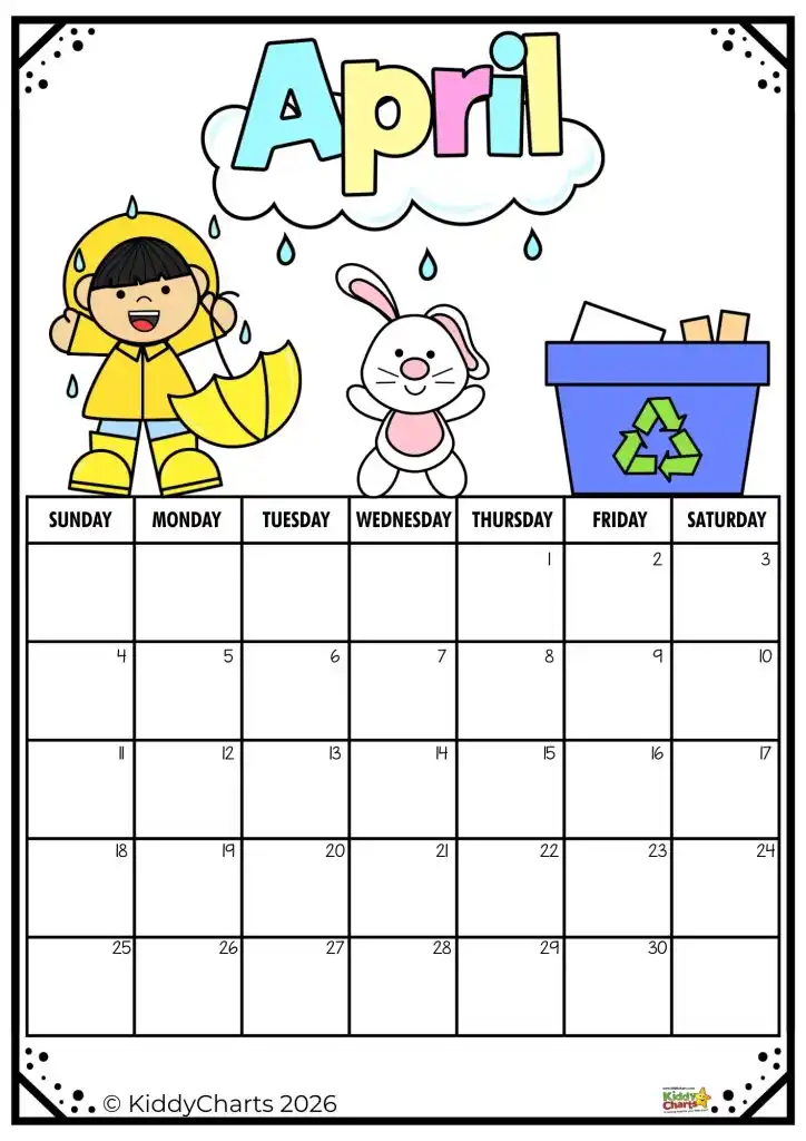 April calendar with a smiling person in a raincoat, a bunny, and a recycling bin. KiddyCharts copyright 2026.