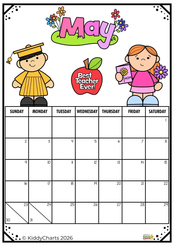 Colorful May calendar with two cartoon people, flowers, and a "Best Teacher Ever" apple. Includes a "Mom" card, © KiddyCharts 2026.