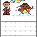 Colorful June calendar with illustrations of two children. One holds an "I ❤️ Dad" card, the other splashes water. Includes days of the month.