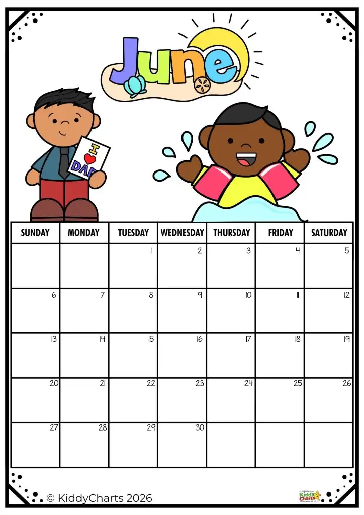 Colorful June calendar with illustrations of two children. One holds an "I ❤️ Dad" card, the other splashes water. Includes days of the month.