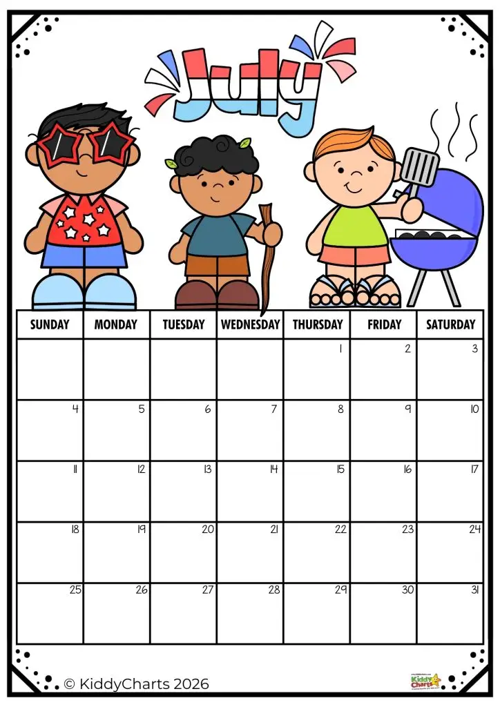 Illustrated July calendar features three cartoon figures: one with sunglasses, one with a walking stick, and one grilling beside a barbecue.