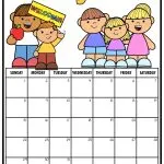 Colorful August calendar with an illustration of happy cartoon people, featuring a "Welcome!" sign and a decorative sunflower design.