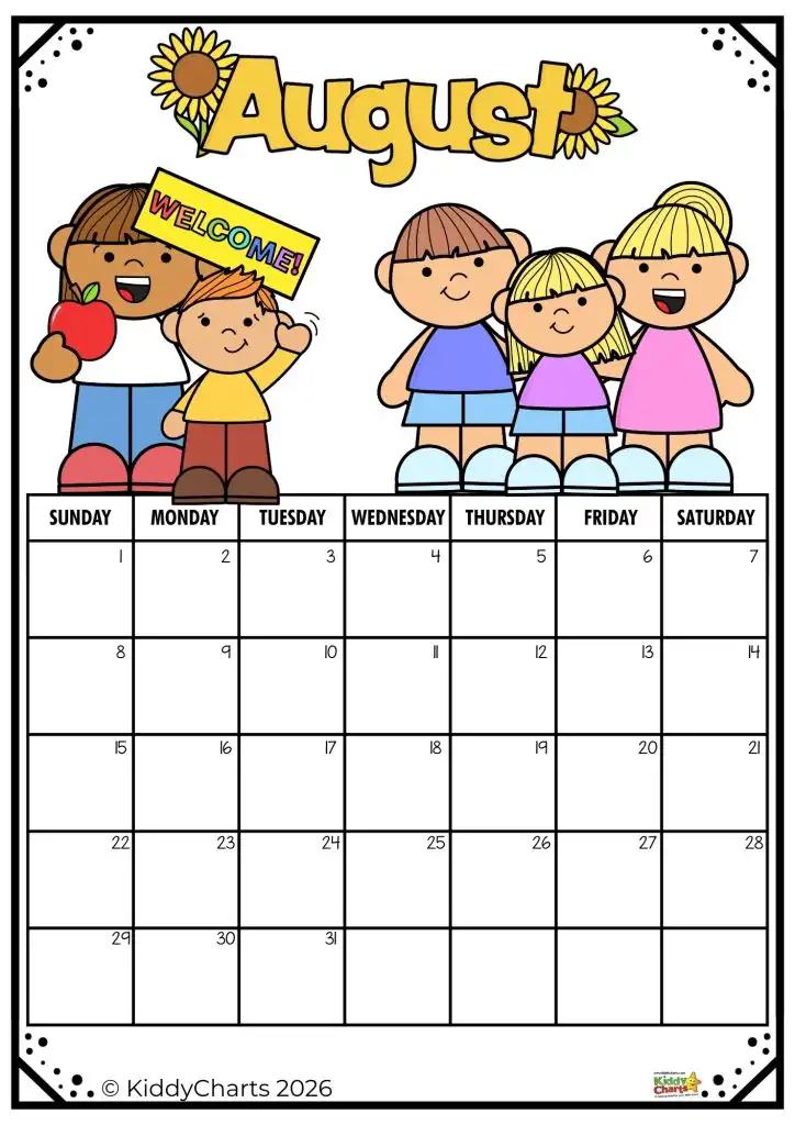 Colorful August calendar with an illustration of happy cartoon people, featuring a "Welcome!" sign and a decorative sunflower design.