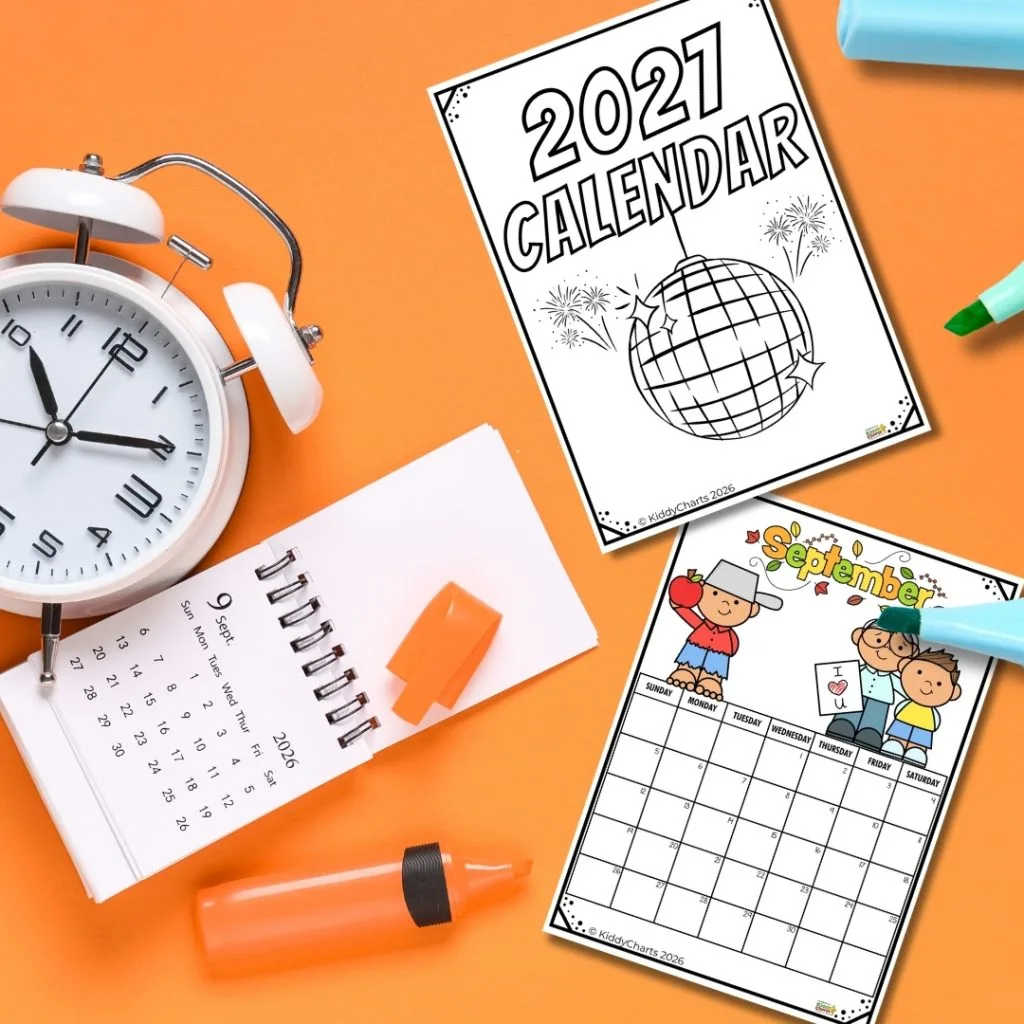 A desk setup with a clock, 2025 calendar, orange highlighter, and two illustrated 2027 calendar pages on an orange background.
