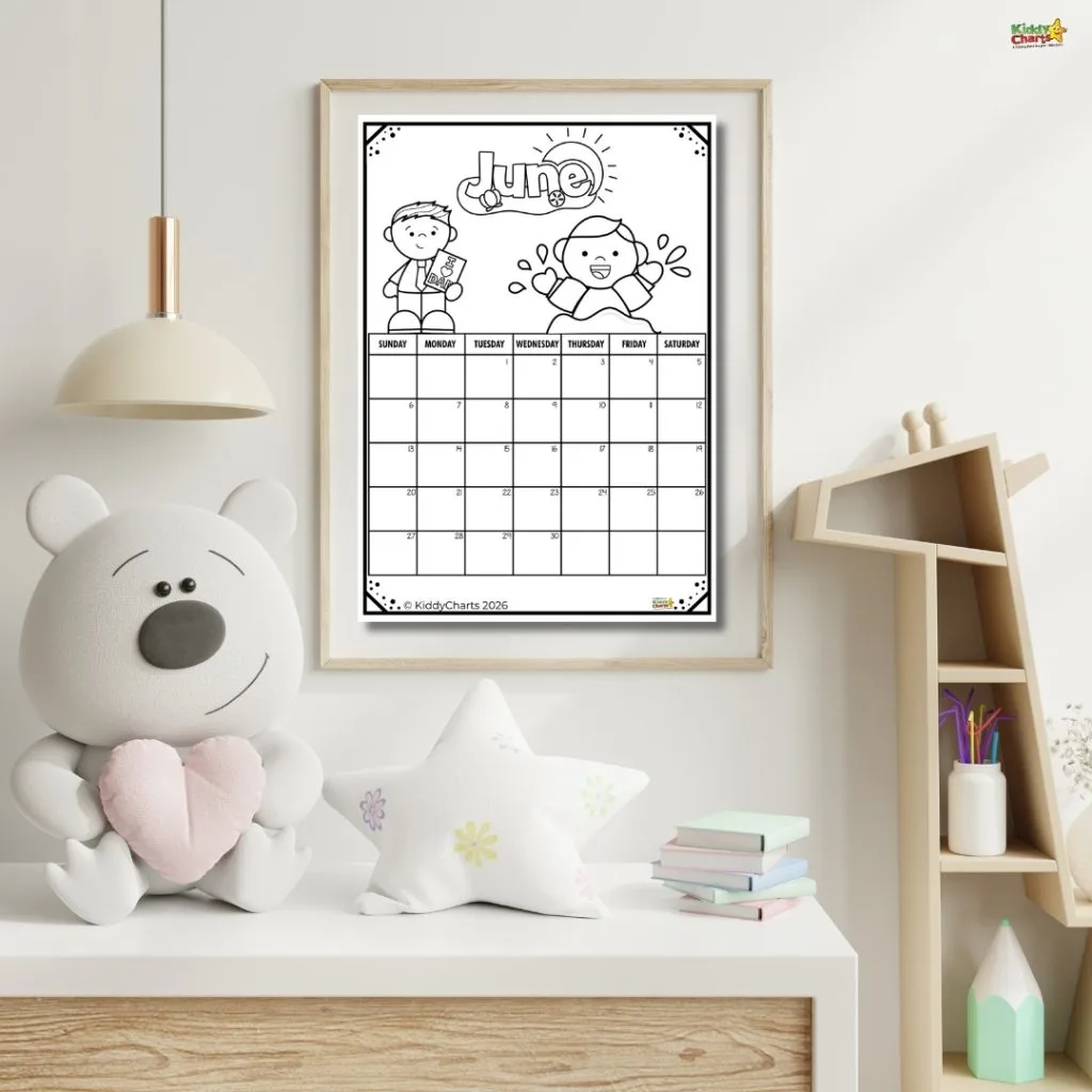 A child's room with a June 2026 calendar, teddy bear holding a heart, star pillow, and bookshelf filled with books and decor.