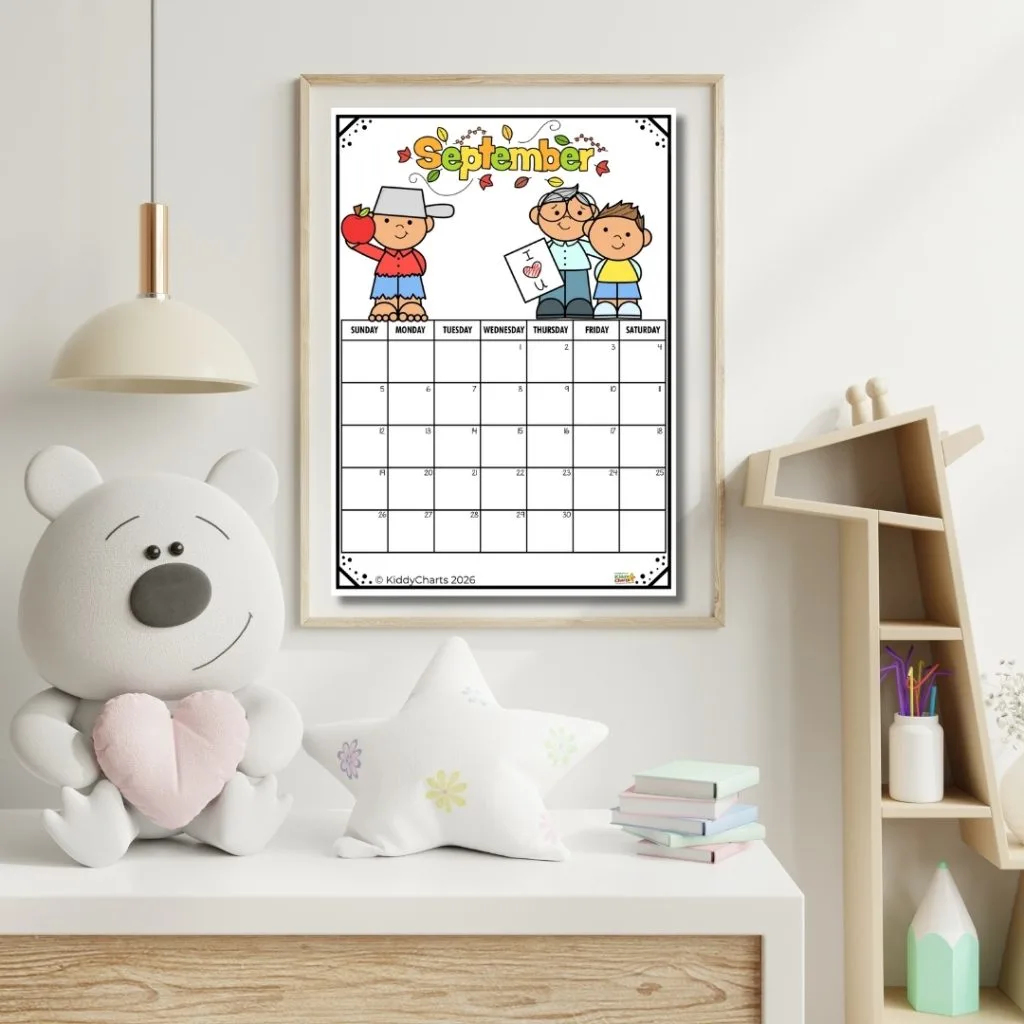 A framed September calendar with cartoon people hangs above a shelf holding a teddy bear plush, star pillow, and colorful books.