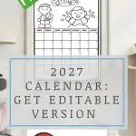 2027 calendar with June illustration in frame, labeled "FREE." Editable version available for download. Positioned on a wooden desk with soft toys.