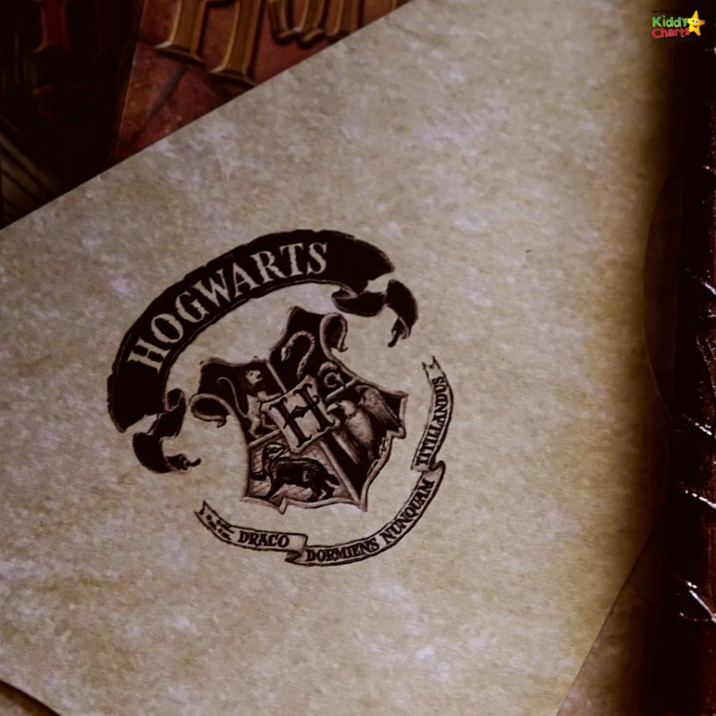 A letter featuring the Hogwarts crest with Latin motto. Intricate design, symbolizing the magical school from Harry Potter series.