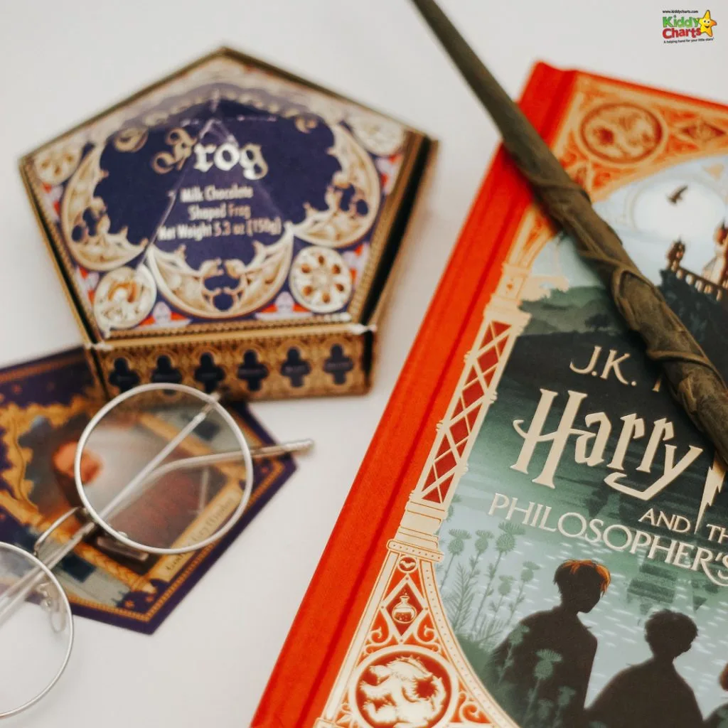 A "Harry Potter" book, wand, glasses, chocolate frog packaging, and card are arranged on a white surface, reflecting a magical theme.