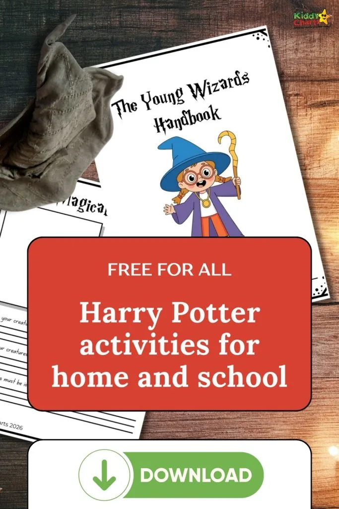 A promotional image for free Harry Potter-themed activities, featuring a wizard illustration, hat, and "Download" button for use at home and school.