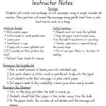 Instructor notes for creating invisible ink messages using lemon juice. Includes materials, safety guidelines, preparation, and message revealing steps. &copy; KiddyCharts 2026.