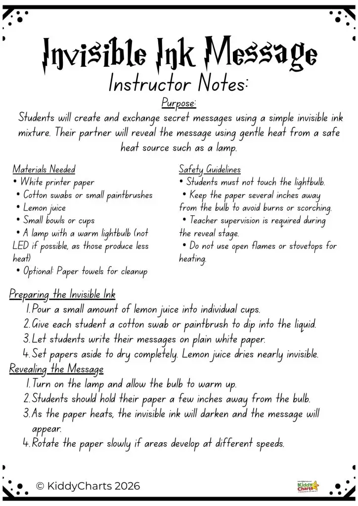 Instructor notes for creating invisible ink messages using lemon juice. Includes materials, safety guidelines, preparation, and message revealing steps. &copy; KiddyCharts 2026.