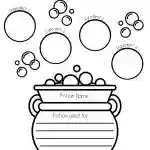 The image is a template for creating a magical potion, featuring ingredient bubbles and a cauldron with spaces for name and use.