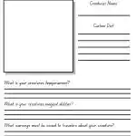 Template to design a magical creature, featuring sections for name, diet, temperament, abilities, and traveler warnings, with a drawing space provided.