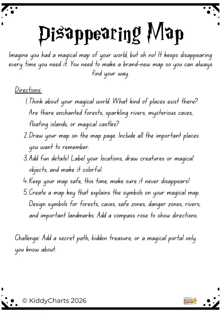 Instructions for creating a magical map, featuring enchanted places, symbols, and a challenge to add secret treasures or paths.