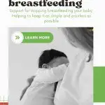 A person holds a baby, featured in an advertisement titled "How to stop milk supply when breastfeeding," offering guidance and support.