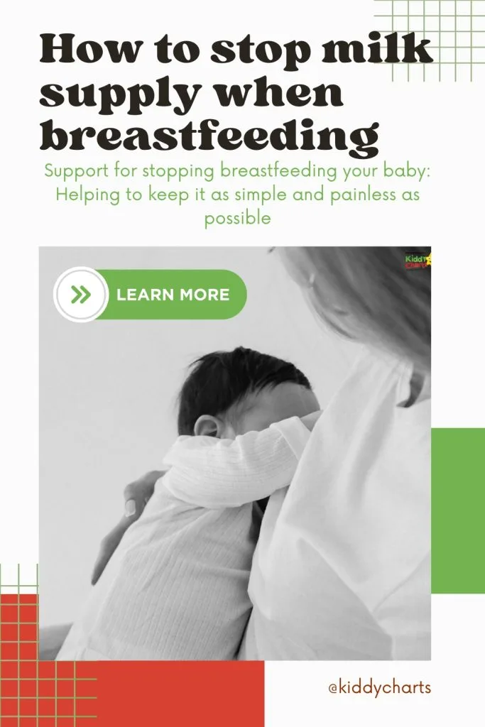 A person holds a baby, featured in an advertisement titled "How to stop milk supply when breastfeeding," offering guidance and support.
