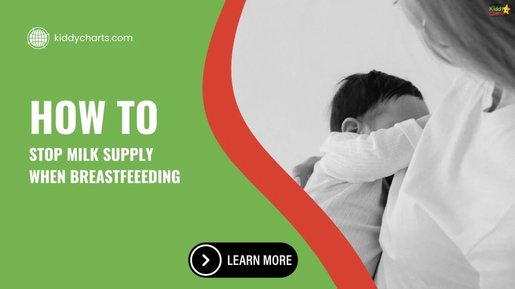 Green and black-and-white graphic showing person holding baby. Text: "How to stop milk supply when breastfeeding." Website: kiddycharts.com.