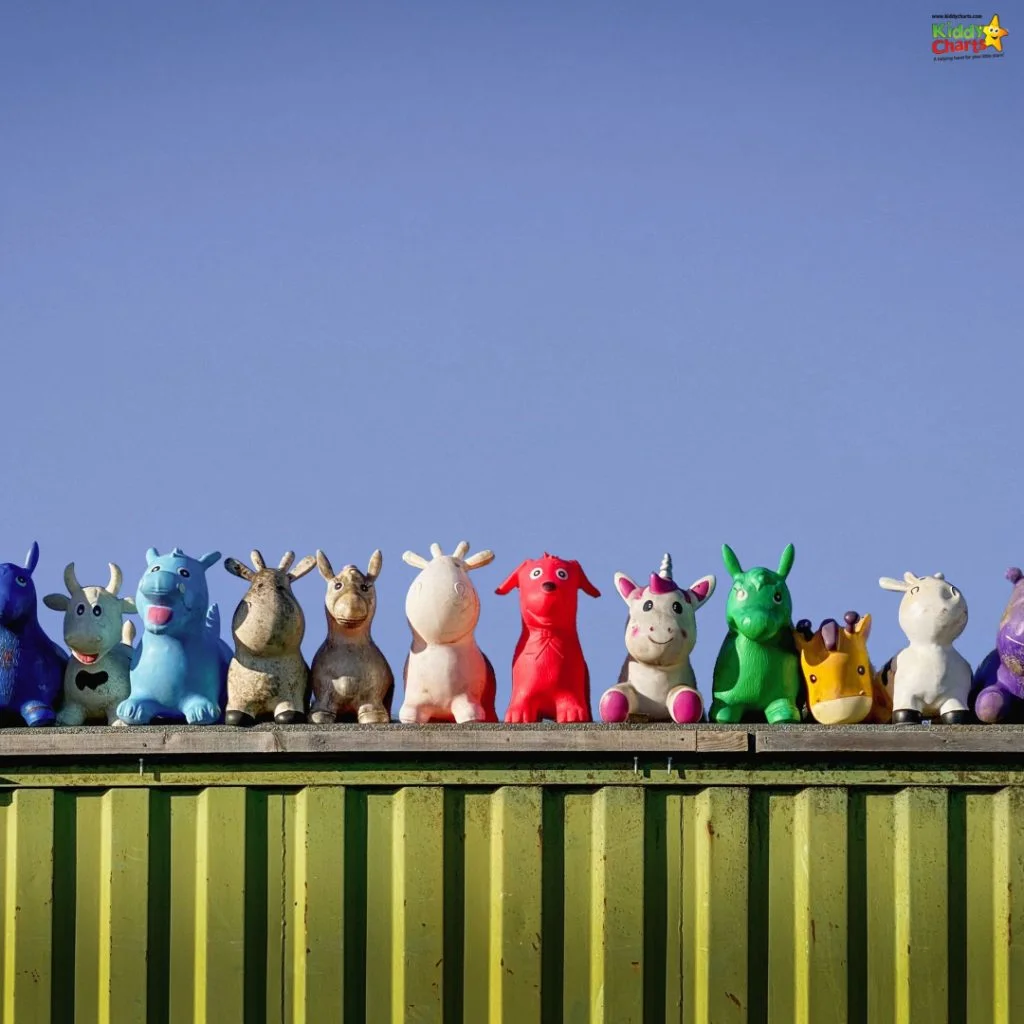 Colorful inflatable animal toys line a green container rooftop against a clear blue sky, creating a playful and vibrant outdoor display.
