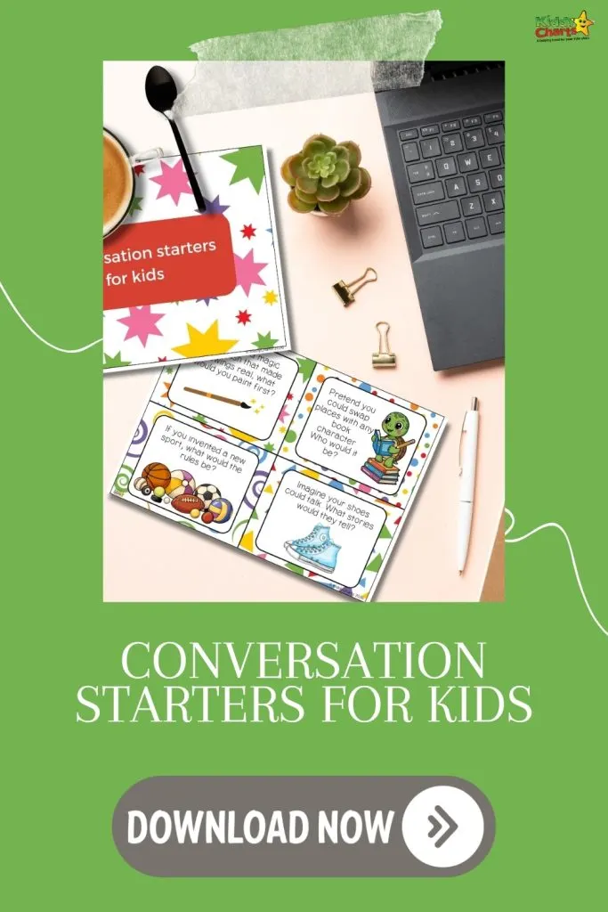 A colorful layout with conversation starter cards for kids beside a laptop, coffee cup, and plant. "Download Now" button at bottom.