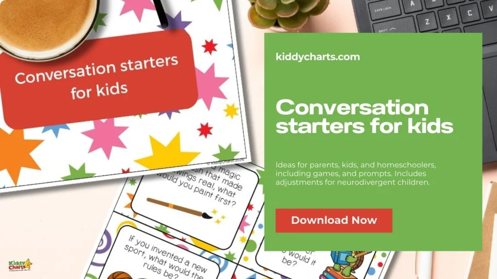 Promotional image featuring conversation starters for kids from kiddycharts.com, with colorful star graphics, coffee, and a download button.