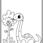 A cute cartoon dinosaur with a long neck happily eats leaves from a tree in a black and white framed illustration.
