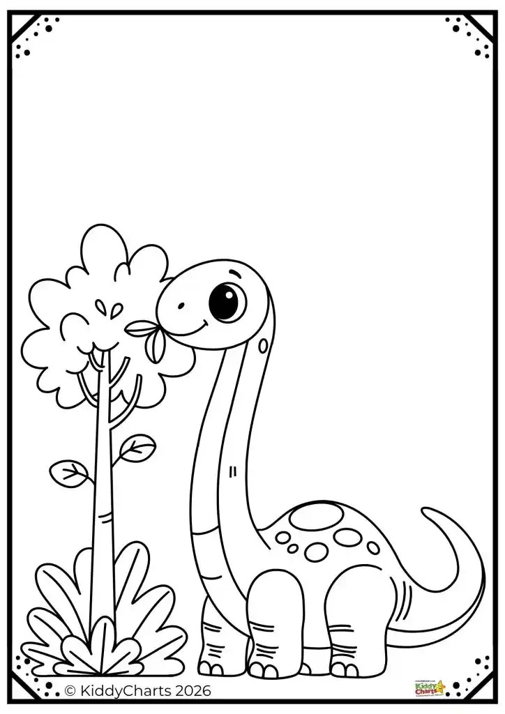 A cute cartoon dinosaur with a long neck happily eats leaves from a tree in a black and white framed illustration.