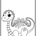 A cute, smiling stegosaurus cartoon with patterned spots and plates framed by a dotted border. Perfect for coloring fun.