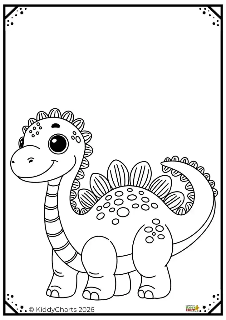A cute, smiling stegosaurus cartoon with patterned spots and plates framed by a dotted border. Perfect for coloring fun.