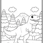 A Tyrannosaurus rex stands in a forest with mountains and clouds in the background, surrounded by trees under a clear sky.