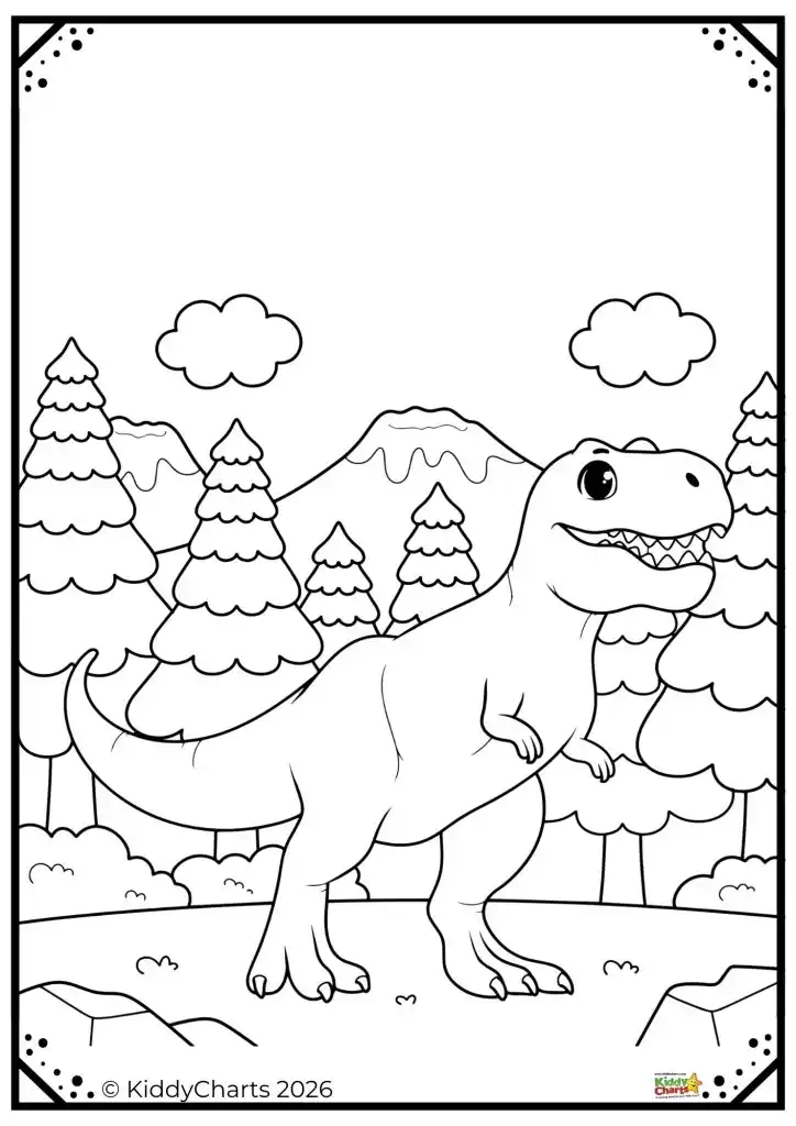 A Tyrannosaurus rex stands in a forest with mountains and clouds in the background, surrounded by trees under a clear sky.