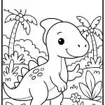A cute cartoon dinosaur stands smiling among palm trees and plants, set in a playful jungle-themed coloring page.