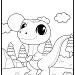 Cartoon dinosaur smiling in a forest with trees, mountains, and clouds in the background. A playful, black-and-white illustration scene.