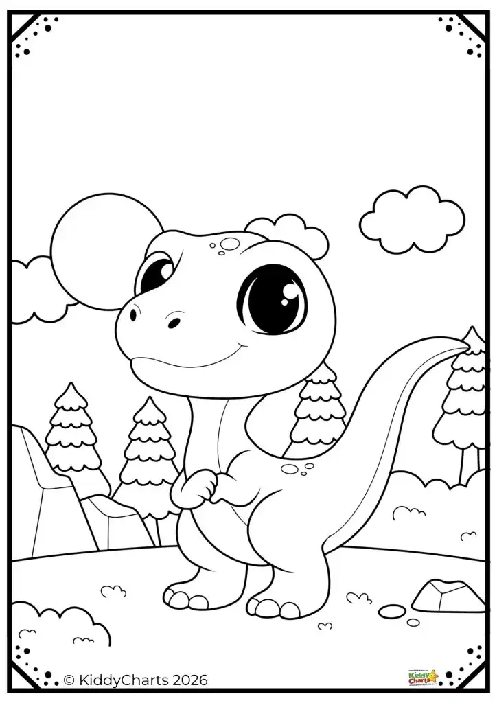 Cartoon dinosaur smiling in a forest with trees, mountains, and clouds in the background. A playful, black-and-white illustration scene.