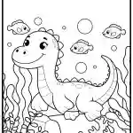 Cute cartoon dinosaur underwater, surrounded by three smiling fish, seaweed, and bubbles. Black-and-white coloring page design.