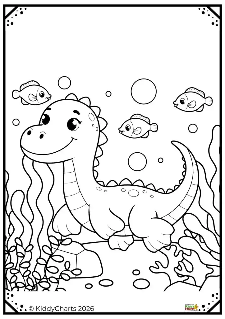 Cute cartoon dinosaur swimming underwater with smiling fish and seaweed in a playful illustration. Bubble accents add whimsy to the scene.