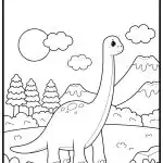 A cute dinosaur stands amidst mountains and trees in a whimsical landscape, with clouds and the sun in the background.